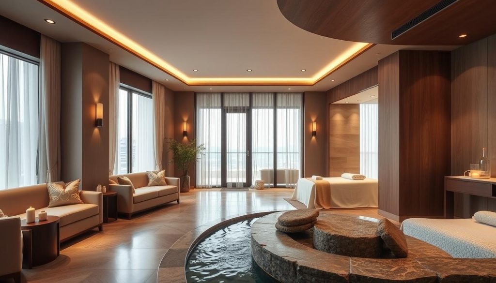 A serene and luxurious spa wellness center nestled in the heart of Istanbul's Kadıköy district. The elegant entrance leads to a tranquil lobby with plush seating, soft lighting, and a soothing water feature. In the spacious treatment rooms, expert therapists administer personalized massages and rejuvenating treatments, using premium oils and natural ingredients. The aroma of essential oils fills the air, creating a calming ambiance. Warm, earthy tones and natural materials, such as wood and stone, blend seamlessly to evoke a sense of relaxation and well-being. Large windows allow natural light to bathe the space, while strategically placed lighting fixtures cast a gentle glow, enhancing the serene atmosphere. The overall scene exudes an atmosphere of luxurious pampering and holistic wellness.