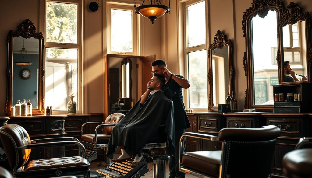 A serene barbershop in Istanbul, sunlight streaming through large windows, casting warm hues over the classic leather chairs and gleaming chrome accents. The room exudes an aura of timeless elegance, with ornate mirrors reflecting the old-world charm. In the center, a skilled barber performs a traditional Turkish grooming ritual, meticulously shaping a client's beard and massaging the neck and shoulders with expert precision. The soothing scent of hot towels and fragrant oils fills the air, transporting the senses to a bygone era of refined self-care.