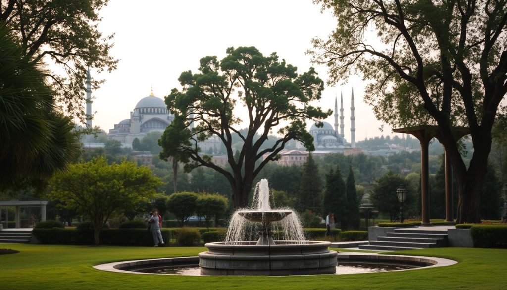 A serene landscape where the iconic landmarks of Istanbul, such as the majestic Hagia Sophia and the grand Sultanahmet Mosque, stand in the distance. In the foreground, a tranquil garden oasis with lush greenery, a gently flowing fountain, and an inviting wooden gazebo. Soft, diffused lighting filters through the trees, creating a warm, calming atmosphere. A sense of balance and harmony permeates the scene, blending the historic grandeur of the city with the rejuvenating power of nature. The overall composition suggests a perfect fusion of sightseeing and relaxation, capturing the essence of the "Combining Sightseeing and Relaxation in Istanbul" section.