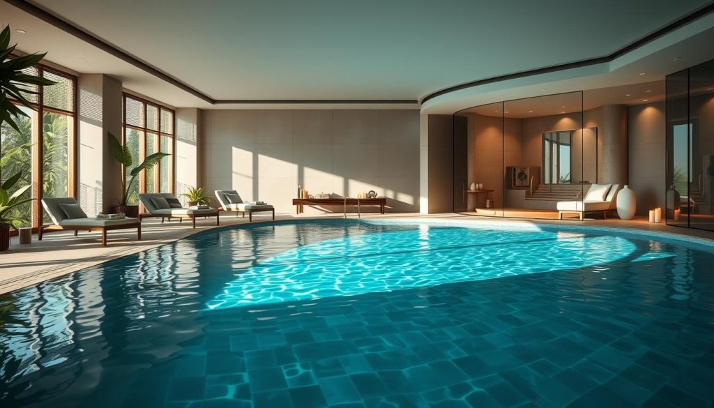 A serene, luxurious spa oasis with a soothing, tranquil ambiance. In the foreground, a large, inviting indoor pool with crystal-clear water, surrounded by plush lounge chairs and lush greenery. The middle ground features a modern, minimalist spa treatment room with natural lighting, sleek massage tables, and an array of relaxing aromatherapy candles. In the background, a serene sauna and steam room, their glass walls offering a glimpse of the serene, earthy tones and organic textures that permeate the space. The overall scene evokes a sense of calmness, rejuvenation, and well-being, perfectly capturing the essence of a comprehensive spa and wellness facility.