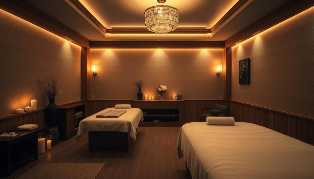 A serene massage parlor interior in Istanbul, Turkey. A warm, dimly lit room with plush massage tables and soothing aromatherapy candles. Soft ambient lighting casts a calming glow, creating an atmosphere of relaxation. Wooden accents and earthy tones evoke a sense of natural tranquility. The focus is on the inviting massage space, free of human presence, allowing the viewer to imagine the experience of choosing between a skilled masseuse or masseur to provide a rejuvenating treatment.
