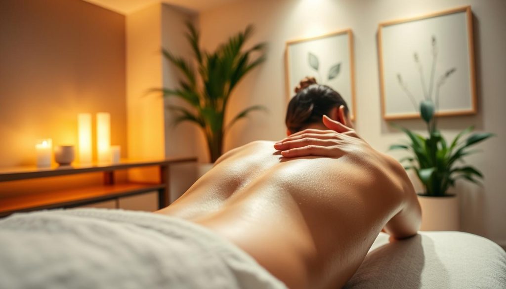 A serene massage studio in Çekmeköy, Istanbul, bathed in warm, diffused lighting. Elegant, minimalist decor sets the tone for relaxation. In the foreground, a professional massage therapist's hands gently kneading and manipulating the muscles of a client's back, using graceful, flowing strokes. The therapist's movements are captured with a medium-wide, low-angle lens, emphasizing the expertise and care in their technique. In the background, lush potted plants and subtle abstract art create a tranquil, nature-inspired ambiance, evoking a sense of rejuvenation and renewal.