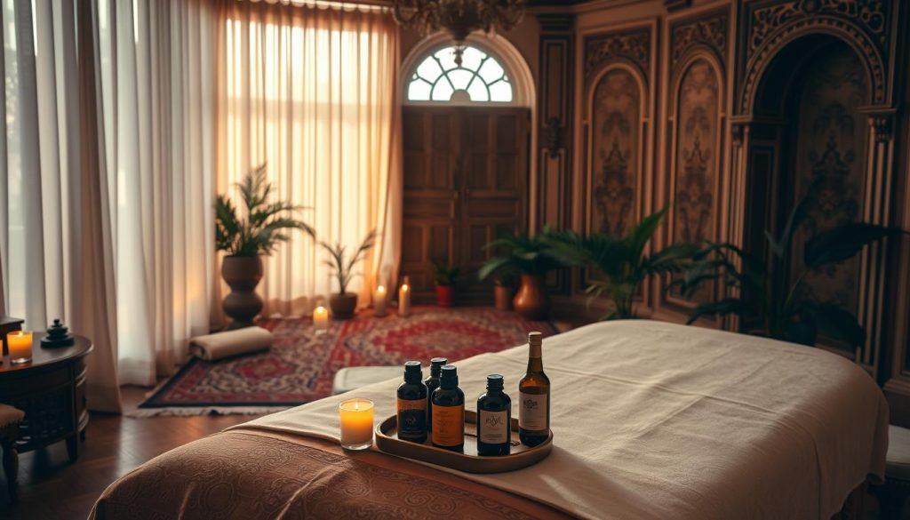 A serene massage studio in Istanbul, with warm lighting filtering through sheer curtains. In the foreground, an ornate Ottoman-style massage table adorned with plush linens. On the table, an array of massage oils and aromatherapy candles, their scents subtly permeating the air. In the middle ground, elegant Turkish rugs and potted plants create a tranquil ambiance. The background features ornate architectural details, hinting at the rich cultural heritage of the city. The overall mood is one of deep relaxation and rejuvenation, inviting the viewer to imagine the soothing touch of skilled massage therapists. A serene massage studio in Istanbul, with warm lighting filtering through sheer curtains. In the foreground, an ornate Ottoman-style massage table adorned with plush linens. On the table, an array of massage oils and aromatherapy candles, their scents subtly permeating the air. In the middle ground, elegant Turkish rugs and potted plants create a tranquil ambiance. The background features ornate architectural details, hinting at the rich cultural heritage of the city. The overall mood is one of deep relaxation and rejuvenation, inviting the viewer to imagine the soothing touch of skilled massage therapists.