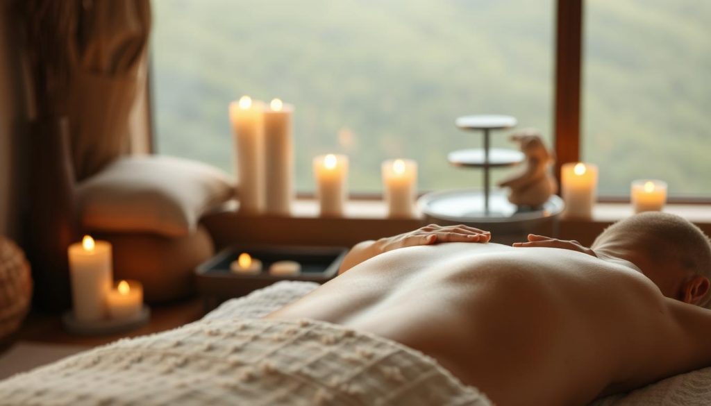 A serene massage therapy session in a cozy, dimly lit room. In the foreground, a professional masseuse's hands delicately kneading the back of a relaxed client, their face peacefully at ease. Candles flicker softly, casting a warm glow and creating an atmosphere of tranquility. The middle ground features soothing, earthy-toned decor - plush pillows, natural wood accents, and a tranquil water feature. The background blends into a hazy, out-of-focus scene, suggesting a secluded, spa-like setting. Soft, diffused lighting enhances the calming mood, while the camera angle captures the scene from a slightly elevated perspective, conveying a sense of comfort and care.