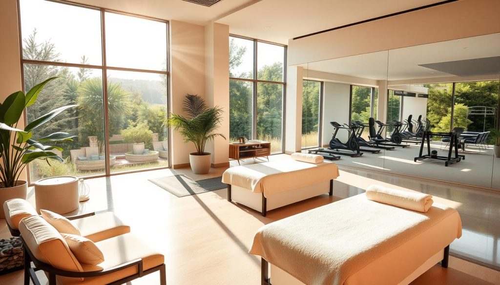 A serene oasis of relaxation, a spa wellness centre nestled in a lush, verdant landscape. Sunlight filters through large windows, casting a warm, inviting glow upon the minimalist yet elegant interior. Plush lounge chairs and a soothing water feature create a calming ambiance, inviting visitors to unwind and rejuvenate. In the middle ground, a spacious treatment room with gleaming massage tables and soothing aromatherapy diffusers. The background showcases a modern fitness studio with sleek equipment and floor-to-ceiling mirrors, reflecting the centre's holistic approach to wellness. An atmosphere of tranquility and rejuvenation permeates the scene, enticing the viewer to experience the ultimate in relaxation and self-care.