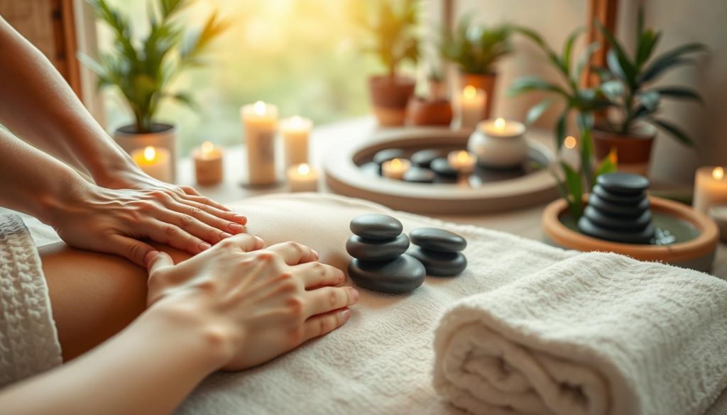 A serene spa-like scene showcasing various massage techniques for optimal relaxation. In the foreground, delicate hands expertly knead tense muscles, using gentle yet firm pressure. The middle ground features an array of massage tools like smooth river stones, fragrant oils, and soft towels. In the background, a tranquil setting with candlelight, potted plants, and a soothing water feature creates a calming ambiance. Warm, diffused lighting bathes the scene, enhancing the atmosphere of profound relaxation. Capture the essence of a transformative massage experience through this visually captivating composition. A serene spa-like scene showcasing various massage techniques for optimal relaxation. In the foreground, delicate hands expertly knead tense muscles, using gentle yet firm pressure. The middle ground features an array of massage tools like smooth river stones, fragrant oils, and soft towels. In the background, a tranquil setting with candlelight, potted plants, and a soothing water feature creates a calming ambiance. Warm, diffused lighting bathes the scene, enhancing the atmosphere of profound relaxation. Capture the essence of a transformative massage experience through this visually captivating composition.