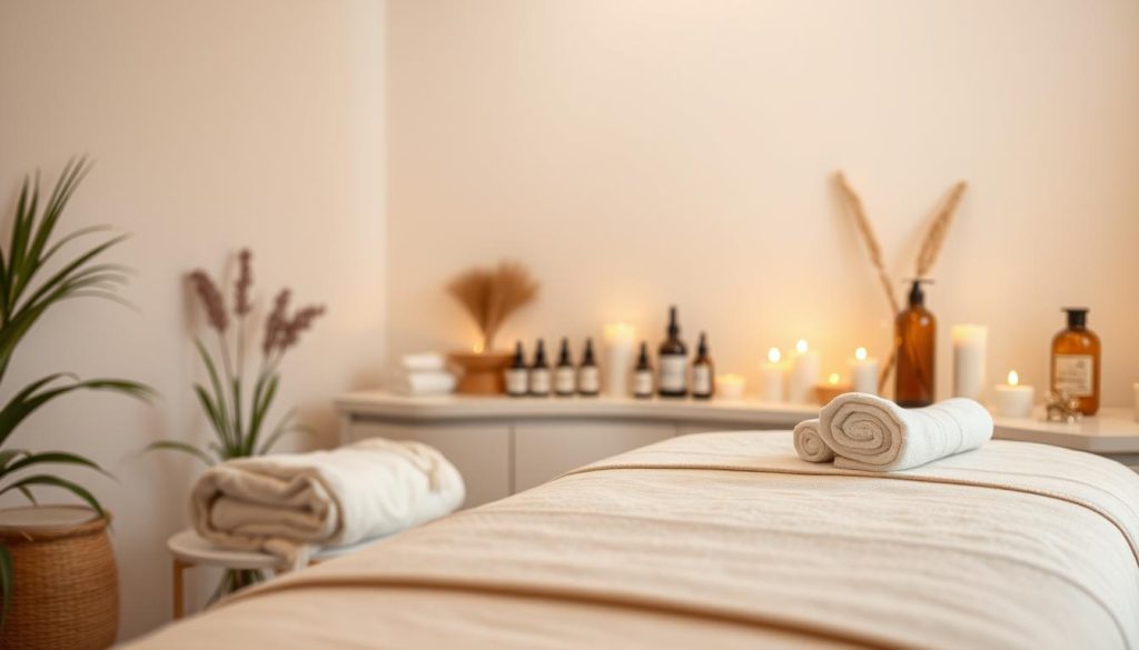A serene, spa-like setting with gentle lighting and soothing colors. In the foreground, a massage table with plush linens and towels. Soft, relaxing music plays in the background. Nearby, an assortment of massage oils, candles, and other wellness accessories. The scene conveys a sense of tranquility and the restorative benefits of regular massage therapy, with a focus on relaxation, stress relief, and overall well-being. A serene, spa-like setting with gentle lighting and soothing colors. In the foreground, a massage table with plush linens and towels. Soft, relaxing music plays in the background. Nearby, an assortment of massage oils, candles, and other wellness accessories. The scene conveys a sense of tranquility and the restorative benefits of regular massage therapy, with a focus on relaxation, stress relief, and overall well-being.