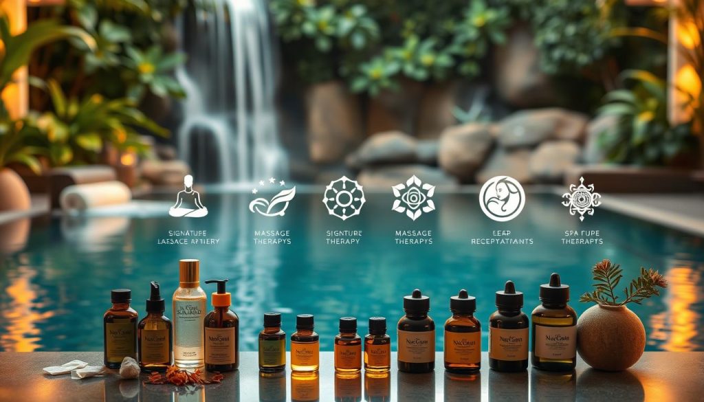 A serene spa scene with cascading waterfalls, lush foliage, and an inviting infinity pool. In the foreground, a collection of luxurious spa products and essential oils are arranged artfully. The middle ground features a selection of signature massage therapies, each represented by a beautifully crafted icon or symbol. The background is bathed in warm, diffused lighting, creating a peaceful and rejuvenating atmosphere. The overall composition evokes a sense of tranquility, indulgence, and the promise of a truly transformative spa experience. A serene spa scene with cascading waterfalls, lush foliage, and an inviting infinity pool. In the foreground, a collection of luxurious spa products and essential oils are arranged artfully. The middle ground features a selection of signature massage therapies, each represented by a beautifully crafted icon or symbol. The background is bathed in warm, diffused lighting, creating a peaceful and rejuvenating atmosphere. The overall composition evokes a sense of tranquility, indulgence, and the promise of a truly transformative spa experience.