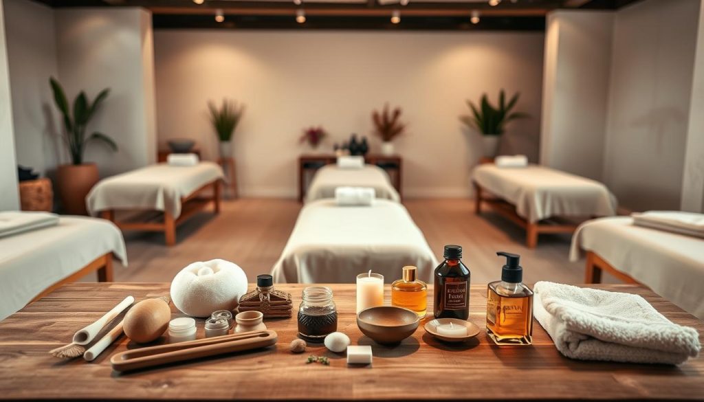 A serene spa setting featuring an array of diverse massage modalities. In the foreground, an assortment of therapeutic tools and oils laid out on a wooden table, bathed in soft, warm lighting. In the middle ground, several massage tables draped in plush, neutral-toned linens, inviting the viewer to imagine the tranquil experience within. The background depicts a calming, minimalist environment with natural elements like potted plants and textured walls, creating a holistic, rejuvenating atmosphere. The overall mood is one of relaxation, wellness, and a celebration of the varied massage techniques that can be found in Istanbul.