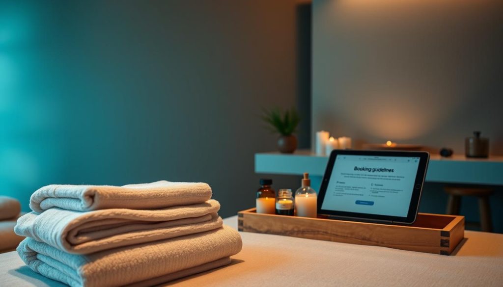A serene spa setting with muted colors and natural materials. In the foreground, a stack of neatly folded plush towels and a wooden tray holding essential oils and scented candles. The middle ground features a minimalist booking station with a sleek tablet displaying booking guidelines. The background showcases a tranquil, dimly lit room with clean lines, soft lighting, and a hint of lush greenery peeking through. The overall atmosphere evokes a sense of relaxation and wellness, inviting the viewer to imagine the blissful experience of an African massage.