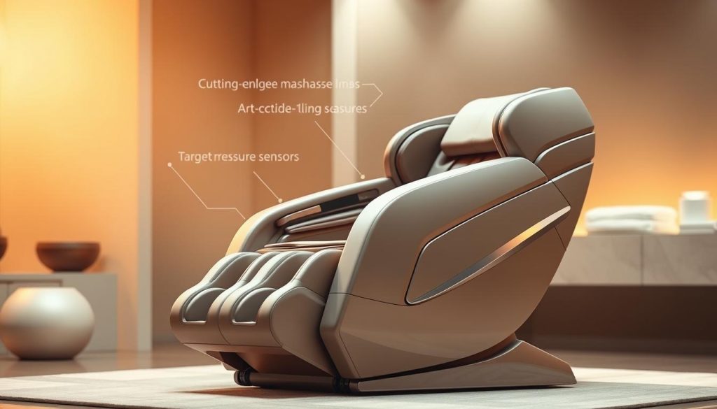 A sleek, state-of-the-art massage chair stands prominently in the foreground, its ergonomic design and soft, high-quality upholstery beckoning users to experience its advanced therapeutic features. In the middle ground, cutting-edge massage mechanisms, articulating limbs, and targeted pressure sensors are visible, hinting at the precise, customizable treatment the chair provides. The background is bathed in a warm, soothing glow, evoking a sense of tranquility and relaxation, as if the chair is the centerpiece of a luxurious spa environment. The lighting is soft and directional, casting gentle shadows that accentuate the chair's contours and technological elements. The overall composition conveys a harmonious blend of modern design, sophisticated engineering, and the promise of exceptional massage therapy.