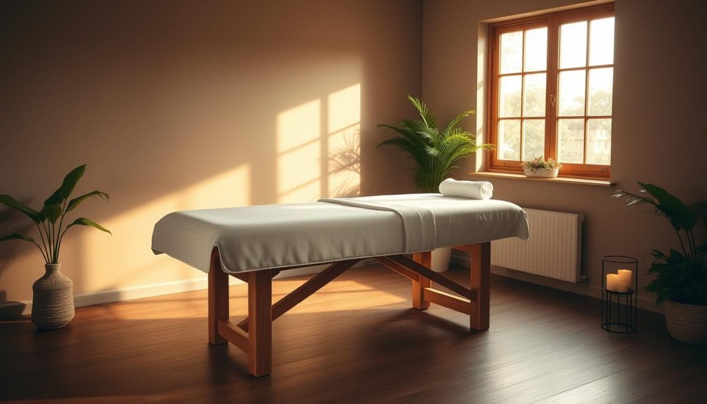 A soothing, dimly lit room with a wooden massage table in the center. Soft, ambient lighting casts a warm glow, creating a calming atmosphere. Plush white linens cover the table, inviting the recipient to sink into a state of deep relaxation. The table is positioned to capture the natural light filtering in through a large window, casting gentle shadows and highlights. Tranquil plants and candles surround the table, adding to the serene, spa-like ambiance. The scene evokes a sense of total calm and restoration, ready to provide a comprehensive, indulgent massage experience.