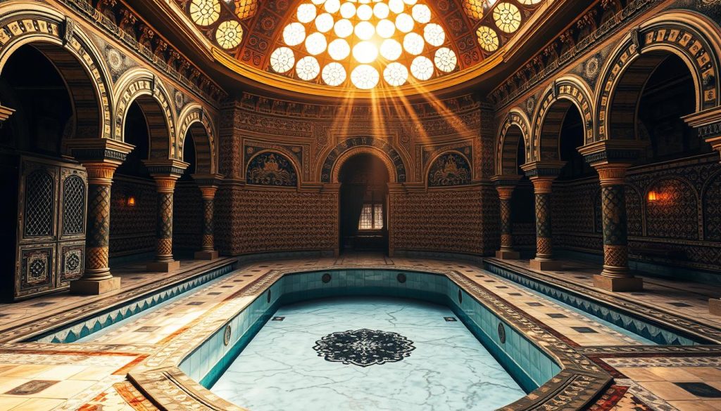 A sumptuous Ottoman-era bathhouse in Istanbul's Şişli district, bathed in warm, golden light filtering through stained glass domes. Elaborately tiled walls and floors, intricate arched entryways, and a central marble-clad plunge pool invite visitors to indulge in the timeless tradition of the Turkish hammam. The serene and tranquil atmosphere evokes a sense of timeless luxury, perfectly capturing the key features of the renowned massage centers of this historic neighborhood.
