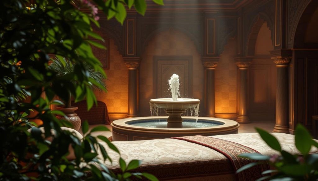 A traditional Turkish massage and spa scene, bathed in warm, ambient lighting. In the foreground, a plush, ornate massage table adorned with intricate textiles. Lush, verdant foliage frames the scene, creating a serene, natural atmosphere. In the middle ground, a marble fountain gently bubbles, the sound of flowing water adding to the calming ambiance. The background features ornate, carved wooden archways and detailed tilework, evoking the grandeur of a traditional Turkish bathhouse. Soft, diffused light filters through the space, creating a tranquil, inviting mood. The overall composition exudes a sense of relaxation, comfort, and cultural authenticity.