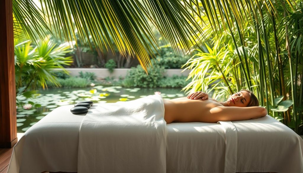 A tranquil Balinese massage scene, set in a lush tropical garden. In the foreground, a wooden massage table draped with crisp white linens and accented with smooth river stones. Soft natural lighting filters through the canopy of palm fronds overhead, casting a warm, soothing glow. In the middle ground, a masseuse's hands delicately knead and soothe tense muscles, using long, flowing strokes. The background features a serene pond with lotus blossoms floating on the surface, surrounded by verdant foliage and the silhouettes of swaying bamboo. An atmosphere of deep relaxation and rejuvenation permeates the scene. A tranquil Balinese massage scene, set in a lush tropical garden. In the foreground, a wooden massage table draped with crisp white linens and accented with smooth river stones. Soft natural lighting filters through the canopy of palm fronds overhead, casting a warm, soothing glow. In the middle ground, a masseuse's hands delicately knead and soothe tense muscles, using long, flowing strokes. The background features a serene pond with lotus blossoms floating on the surface, surrounded by verdant foliage and the silhouettes of swaying bamboo. An atmosphere of deep relaxation and rejuvenation permeates the scene.