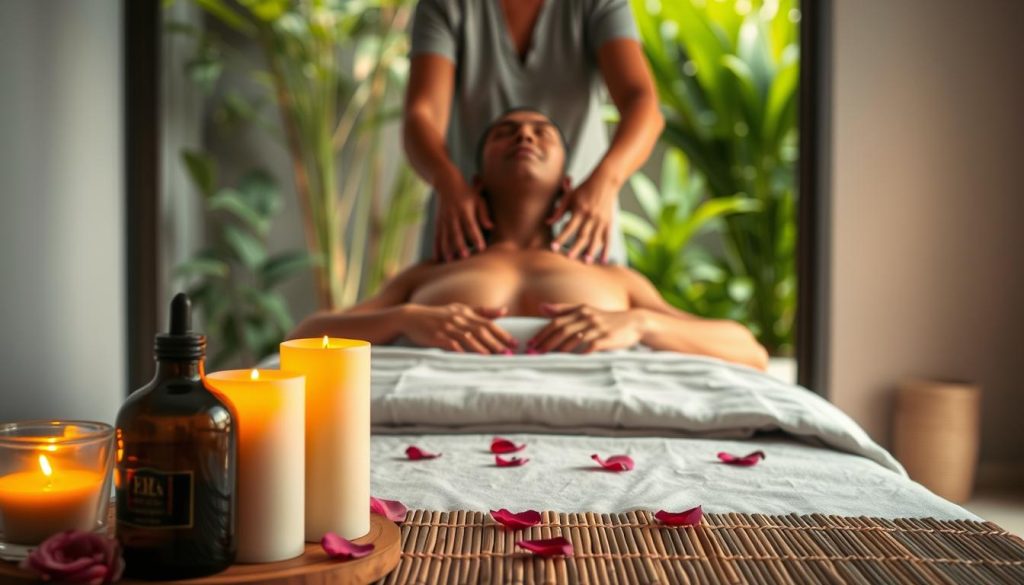 A tranquil massage setting, with warm candlelight casting a soft glow on a serene, draped massage table. The foreground features a collection of soothing aromatherapy oils, rose petals, and a bamboo mat. In the middle ground, a pair of skilled hands gently kneading the muscles of a relaxed, faceless figure, their expression one of deep contentment. The background showcases a minimalist, calming environment, perhaps with a window overlooking a lush, verdant garden or a serene body of water. The overall atmosphere evokes a sense of holistic healing, where the body, mind, and spirit are harmoniously rejuvenated. A tranquil massage setting, with warm candlelight casting a soft glow on a serene, draped massage table. The foreground features a collection of soothing aromatherapy oils, rose petals, and a bamboo mat. In the middle ground, a pair of skilled hands gently kneading the muscles of a relaxed, faceless figure, their expression one of deep contentment. The background showcases a minimalist, calming environment, perhaps with a window overlooking a lush, verdant garden or a serene body of water. The overall atmosphere evokes a sense of holistic healing, where the body, mind, and spirit are harmoniously rejuvenated.