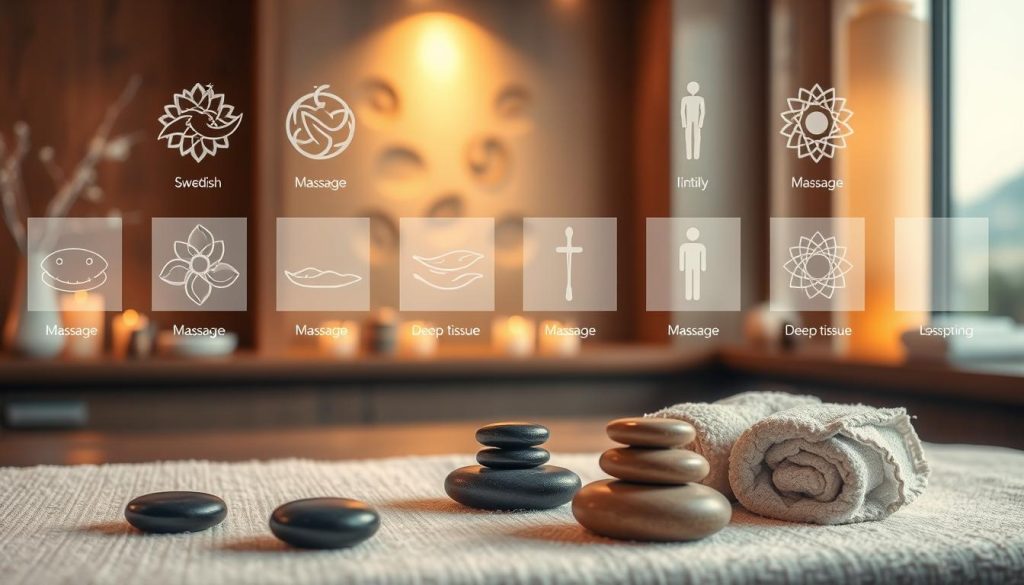 A tranquil spa setting with various massage modalities, each represented by a detailed icon or symbol. Soft, warm lighting illuminates the scene, creating a serene and inviting atmosphere. The foreground features a collection of massage tools and accessories, such as smooth river stones, fragrant oils, and plush towels. In the middle ground, abstract shapes and patterns suggest the different techniques, from Swedish to deep tissue, with a focus on texture and movement. The background evokes a sense of relaxation, perhaps with subtle landscape elements or a neutral color palette. The overall composition conveys the diversity of massage options available, inviting the viewer to imagine the calming and restorative experience.