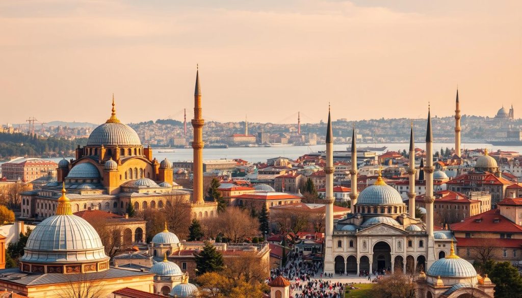 A vibrant cityscape of Istanbul, showcasing its rich cultural heritage and artistic wonders. In the foreground, the iconic domes and minarets of the Hagia Sophia, bathed in warm, golden light, stand as a testament to the city's Byzantine and Ottoman legacies. In the middle ground, the lively Sultanahmet Square bustles with visitors exploring the Blue Mosque and the Basilica Cistern, their intricate architectural details captured in crisp, high-resolution detail. In the background, the Bosphorus Strait winds its way through the city, with the historic Galata Tower and the modern skyline creating a harmonious blend of old and new. The overall scene exudes a sense of wonder and discovery, inviting the viewer to immerse themselves in the cultural tapestry of Istanbul.