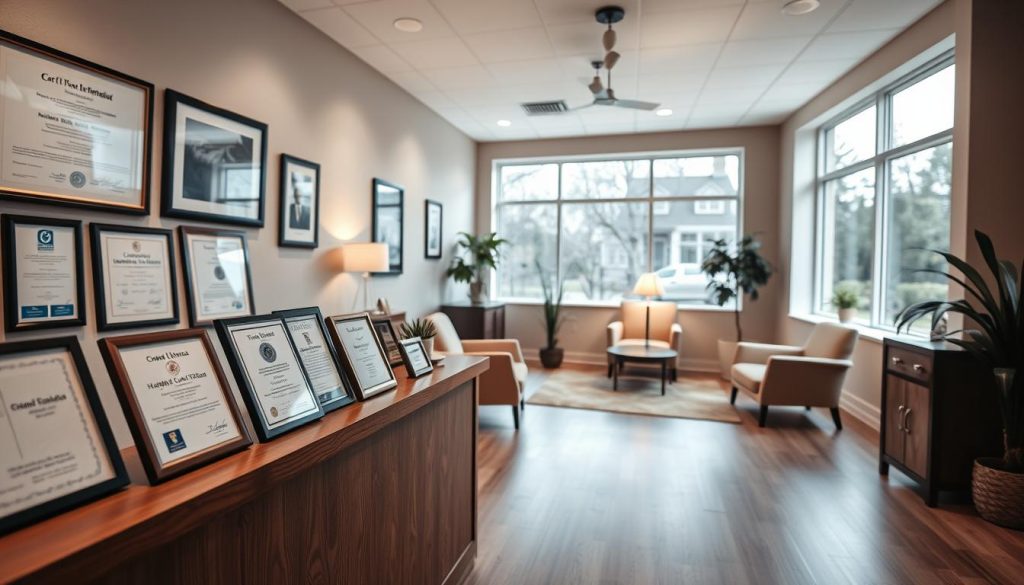 A warm, well-lit medical office interior with a minimalist, modern aesthetic. In the foreground, a wooden desk displays various certifications and awards, conveying the expertise and qualifications of the therapists. The middle ground features comfortable seating areas, inviting clients to feel at ease. The background showcases large windows, allowing natural light to flood the space and create a calming, serene atmosphere. The overall mood is one of professionalism, trust, and care, reflecting the high standards of the certified therapists within.