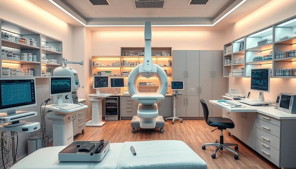 A well-equipped modern home clinic with state-of-the-art medical devices and diagnostic tools. The foreground showcases an examination table with advanced monitoring equipment, while the middle ground features a high-tech medical scanner and a sleek, futuristic-looking medical workstation. The background is filled with shelves of pharmaceutical supplies and medical cabinets, all bathed in a warm, calming glow of indirect lighting. The overall atmosphere conveys a sense of professionalism, comfort, and the latest advancements in home healthcare technology.