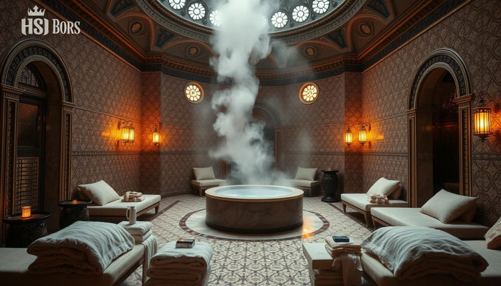 An opulent Turkish hammam interior, with intricate tile patterns adorning the walls and floors. Soft, diffused lighting filters through stained glass, casting a warm, inviting glow. Steam rises from the central marble plinth, surrounded by ornate architectural details and plush lounge areas. Plush, oversized towels and luxurious bathing amenities are neatly arranged, inviting guests to indulge in a tranquil, rejuvenating spa experience. The space exudes a sense of timeless, opulent sophistication, transporting the viewer to a serene oasis of relaxation.