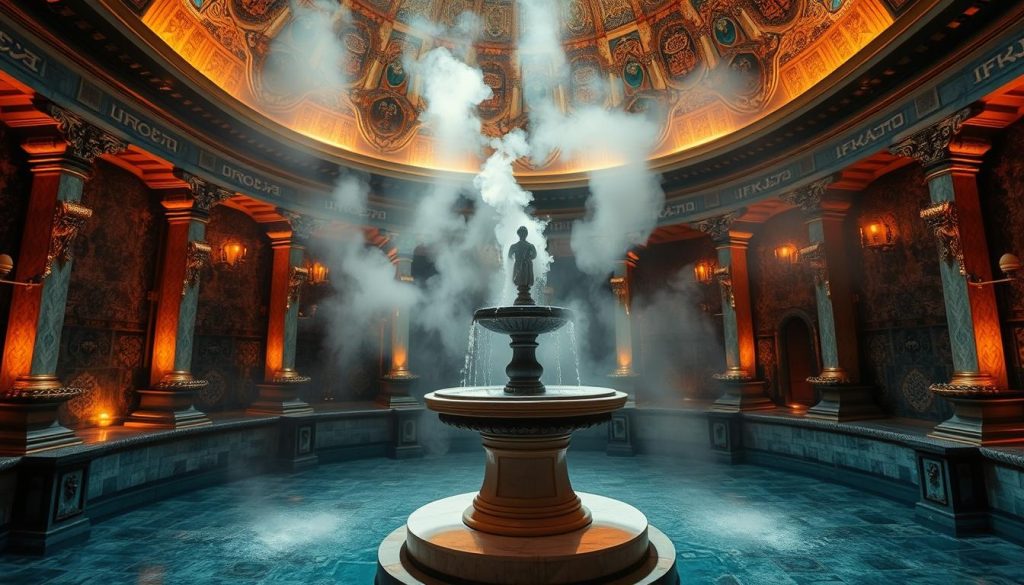 An opulent hammam experience at the iconic Hagia Sophia: a dimly lit, domed chamber with intricate tilework in shades of azure and gold reflecting the warm, ambient lighting. Plumes of fragrant steam rise from the central marble plinth, enveloping the space in a tranquil, otherworldly atmosphere. Ornate fountains and elaborate architectural details create a sense of timeless luxury, transporting the viewer to the heart of Istanbul's storied history and cultural heritage. The scene exudes an aura of opulence and serenity, evoking the quintessential Turkish spa experience.