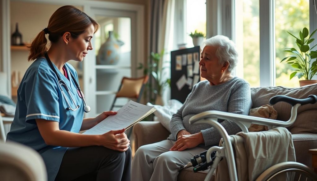 Detailed scene of a cozy home interior with soft natural lighting filtering through large windows. In the foreground, a nurse or caregiver sits with an elderly patient, discussing a personalized care plan. Midground showcases various home healthcare equipment and assistive devices tailored to the patient's needs. The background depicts a serene domestic setting, perhaps with a glimpse of a peaceful outdoor garden. The overall atmosphere conveys a sense of comfort, attention to detail, and a commitment to providing high-quality, customized in-home care.