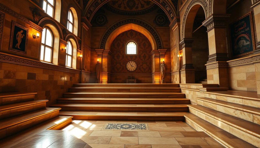 a beautifully lit interior of a traditional turkish bath, with a series of ornate stone steps leading down into a central bathing area. the steps are made of smooth, polished marble in a warm, earthy tone, with intricate tile patterns adorning the risers. the space is illuminated by warm, ambient lighting filtering in through high windows, creating a serene and tranquil atmosphere. the walls are covered in elaborate tile work and decorative arches, adding to the sense of grandeur and history. the overall scene conveys the calming and rejuvenating experience of a classic turkish hamam ritual.