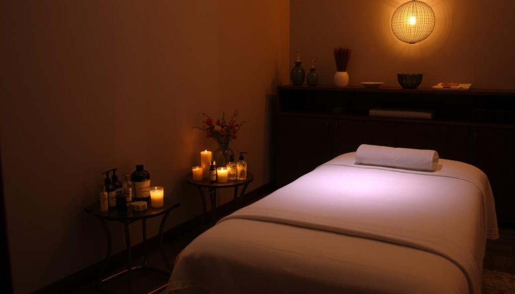 a cozy, dimly lit massage studio with soft, warm lighting illuminating a massage table covered in crisp white linens. On a small table nearby, an array of massage oils, lotions, and aromatherapy candles are neatly arranged. The space exudes a serene, tranquil atmosphere, inviting the viewer to relax and unwind. The camera angle is slightly elevated, capturing the scene from a calming, unobtrusive perspective.