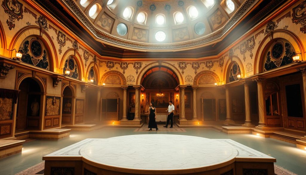 a grand and historic Turkish bath house interior, with domed ceilings, ornate tile work, and traditional architectural features. Warm, diffuse lighting illuminates the steamy atmosphere, creating a sense of relaxation and tranquility. The foreground features a central marble slab, surrounded by alcoves and niches where guests would recline and receive treatments. In the middle ground, attendants move gracefully, tending to the bathers. The background depicts an elegant, elaborately decorated space, hinting at the opulence and grandeur of the historic Istanbul bath culture. a grand and historic Turkish bath house interior, with domed ceilings, ornate tile work, and traditional architectural features. Warm, diffuse lighting illuminates the steamy atmosphere, creating a sense of relaxation and tranquility. The foreground features a central marble slab, surrounded by alcoves and niches where guests would recline and receive treatments. In the middle ground, attendants move gracefully, tending to the bathers. The background depicts an elegant, elaborately decorated space, hinting at the opulence and grandeur of the historic Istanbul bath culture.