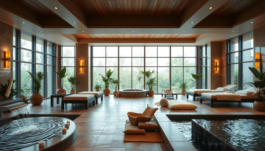 a luxurious spa interior with high-end amenities, a spacious and serene environment with natural light filtering through large windows, plush loungers and massage tables arranged in a tranquil layout, soothing water features like a cascading fountain or hot tub, potted plants and natural decor elements creating a calming ambiance, soft lighting from wall sconces and recessed fixtures, warm earthy tones complemented by natural wood and stone accents, an atmosphere of total relaxation and pampering a luxurious spa interior with high-end amenities, a spacious and serene environment with natural light filtering through large windows, plush loungers and massage tables arranged in a tranquil layout, soothing water features like a cascading fountain or hot tub, potted plants and natural decor elements creating a calming ambiance, soft lighting from wall sconces and recessed fixtures, warm earthy tones complemented by natural wood and stone accents, an atmosphere of total relaxation and pampering