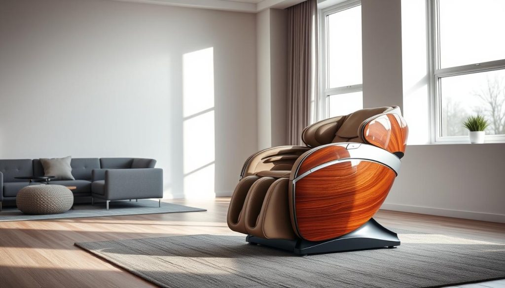 a premium massage chair in a modern, minimalist home interior, positioned in a well-lit room with large windows letting in natural light. The chair is made of high-quality materials like polished wood and plush leather, with a sleek, ergonomic design. It features advanced massage mechanisms and settings, creating a luxurious and relaxing experience. The room has a serene, calming atmosphere, with subtle ambient lighting and a neutral color palette of grays, whites, and natural tones. The massage chair is the focal point, showcasing its premium quality and sophisticated aesthetic.