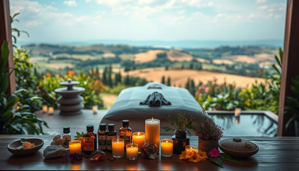 a serene and tranquil scene of holistic wellness benefits, showcasing a peaceful garden oasis with lush greenery, soothing water features, and a warm, soft-lit atmosphere. In the foreground, an array of natural wellness elements such as essential oils, healing crystals, and herbal remedies are artfully arranged. The middle ground features a comfortable massage table, surrounded by calming candles and flowers, hinting at the relaxation and rejuvenation to come. In the background, a panoramic view of rolling hills and a clear sky creates a sense of balance and harmony, evoking a profound connection to nature and the self.