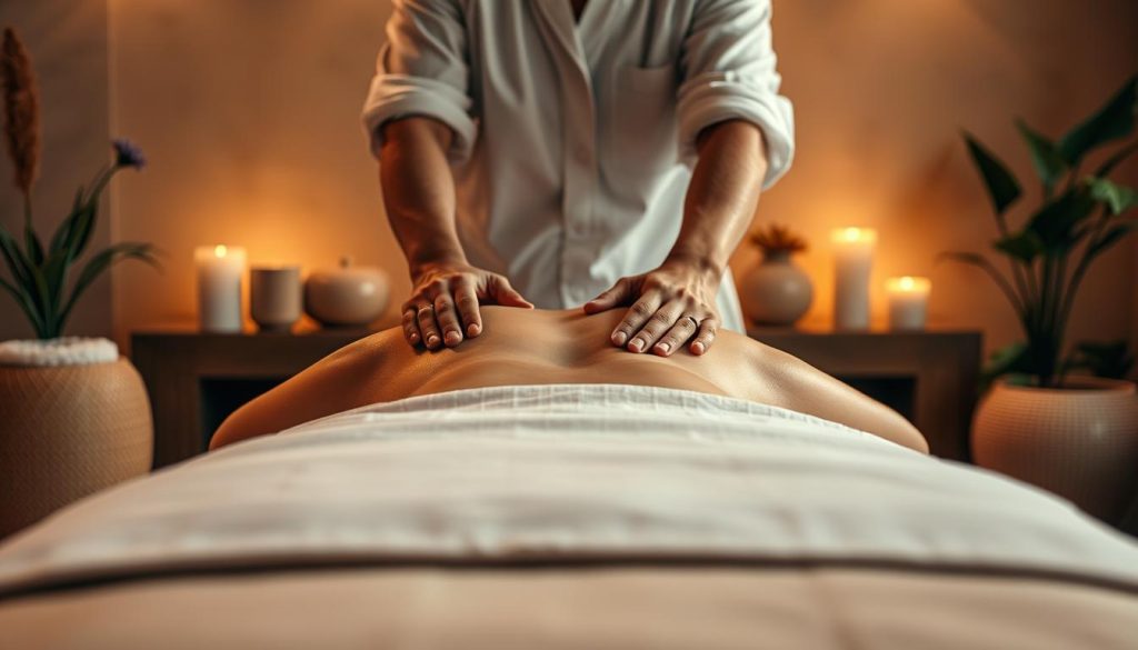 high-quality, photorealistic image of a personalized spa consultation, set in a luxurious, dimly-lit spa environment with soft, warm lighting and a serene, calming atmosphere. A close-up view of a professional massage therapist's hands gently massaging the shoulders and back of a relaxed, anonymous client, who is lying face-down on a massage table draped with crisp, white linens. The massage therapist is wearing a clean, white spa uniform and is using soothing, circular motions. The background features elements of a high-end spa, such as plush, earthy-toned decor, potted plants, and the edge of a wooden massage table in the foreground. The overall mood is one of tranquility, relaxation, and expert care. high-quality, photorealistic image of a personalized spa consultation, set in a luxurious, dimly-lit spa environment with soft, warm lighting and a serene, calming atmosphere. A close-up view of a professional massage therapist's hands gently massaging the shoulders and back of a relaxed, anonymous client, who is lying face-down on a massage table draped with crisp, white linens. The massage therapist is wearing a clean, white spa uniform and is using soothing, circular motions. The background features elements of a high-end spa, such as plush, earthy-toned decor, potted plants, and the edge of a wooden massage table in the foreground. The overall mood is one of tranquility, relaxation, and expert care.