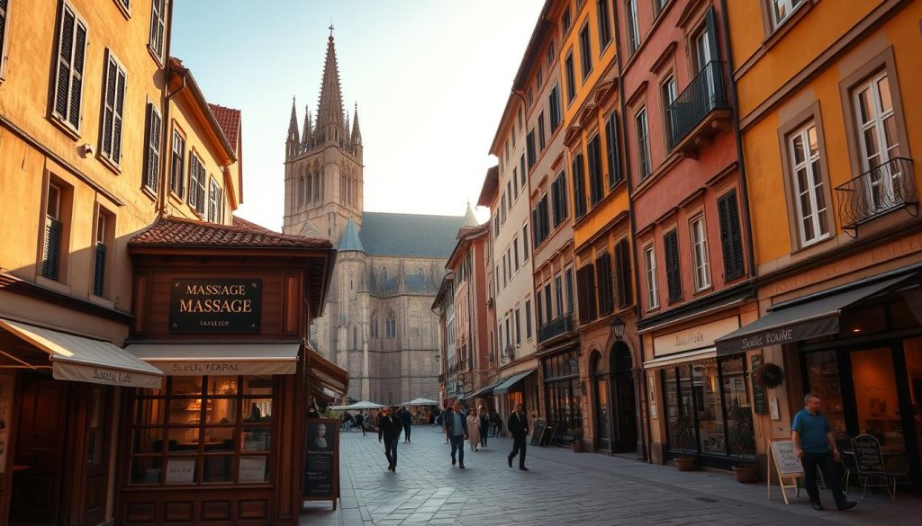 A bustling European-style town square, with historic buildings and cobblestone streets. In the foreground, a quaint massage parlor with a traditional wooden facade, its windows inviting passersby. The middle ground features charming side streets lined with cafes and boutiques, while the background showcases the iconic silhouette of an ancient cathedral. Warm, golden sunlight filters through the scene, casting a cozy, inviting glow. The overall atmosphere evokes a sense of timeless European allure and the promise of a rejuvenating massage experience.