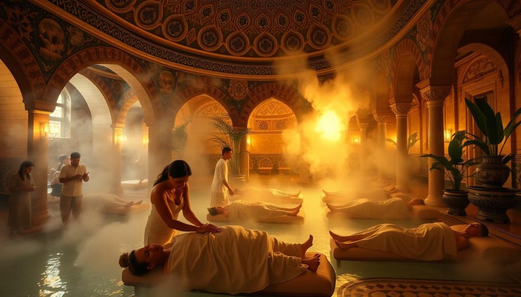 A bustling Turkish bathhouse in Istanbul, steam swirling in the air as skilled massage therapists from around the world showcase their unique techniques. The warm, dim lighting casts a soothing glow, while intricate tile patterns and archways add a sense of timeless elegance. In the foreground, a masseuse delicately kneads the muscles of a client, blending Eastern and Western modalities. In the middle ground, other guests relax on ornate chaise lounges, experiencing the rejuvenating effects of these global massage traditions. The background features a domed ceiling, ornate columns, and lush potted plants, transporting the viewer to a serene oasis of holistic wellness.