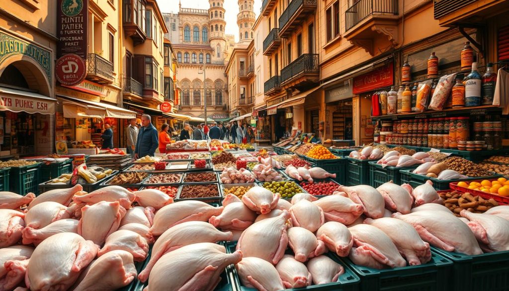 A bustling Turkish market square, teeming with vendors and crates overflowing with fresh produce. In the foreground, a vibrant display of various turkey cuts, their plump forms glistening under the warm, golden sunlight. Winding stalls in the middle ground showcase an array of traditional spices, sauces, and pickled delicacies, hinting at the culinary richness of the region. In the background, a maze of narrow alleys and towering buildings, their facades adorned with intricate tilework and ornate architectural details, creating a sense of historical significance. The scene exudes a palpable energy, conveying the thriving wholesale network that supplies the local and international demand for high-quality Turkish poultry.