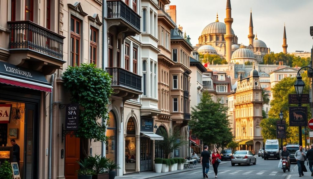 A bustling street in the heart of Istanbul, lined with elegant Ottoman-style buildings. In the foreground, a serene spa nestled between vibrant shops and cafes, its warm, inviting entrance beckoning passersby. The middle ground features lush greenery and intricate architectural details, while the background showcases the iconic domes and minarets of the city's skyline, bathed in a warm, golden glow. The scene evokes a sense of timeless luxury and relaxation, perfectly capturing the essence of Istanbul's top massage destinations.