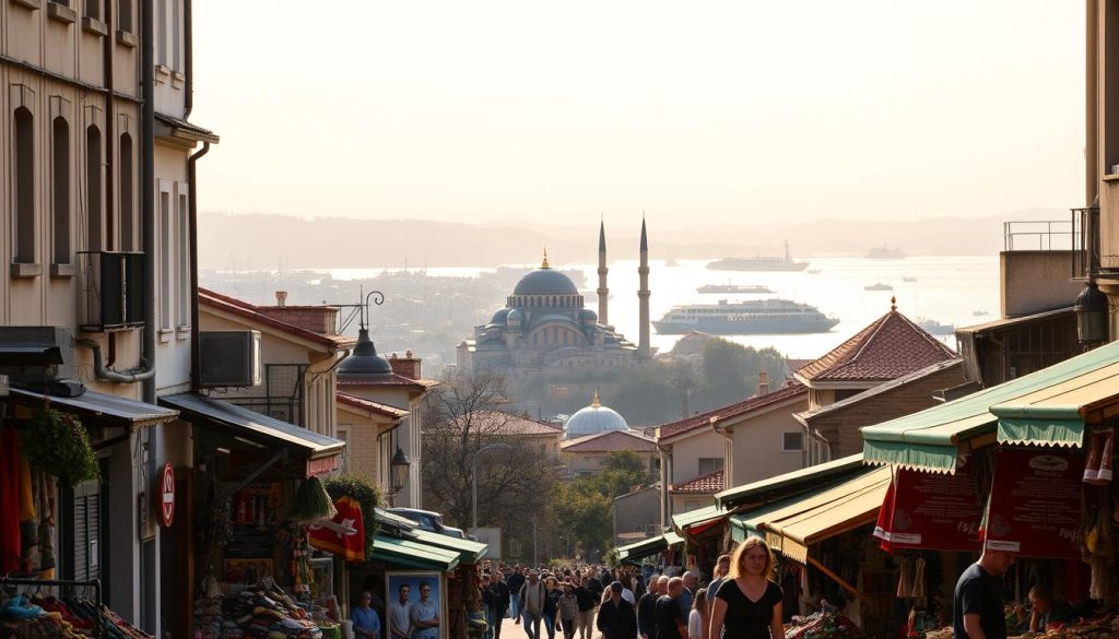 A bustling street in the heart of Istanbul, with traditional Ottoman-style buildings lining the sidewalks. In the foreground, a vibrant open-air market showcases an array of colorful spices, textiles, and handcrafted souvenirs. The middle ground features a glimpse of the iconic Hagia Sophia, its domes and minarets silhouetted against a warm, golden sky. The background is dominated by the shimmering waters of the Bosphorus Strait, with ferries and fishing boats gently sailing across. The scene is bathed in a soft, diffused light, creating a serene and inviting atmosphere that captures the essence of Istanbul's local charm. A bustling street in the heart of Istanbul, with traditional Ottoman-style buildings lining the sidewalks. In the foreground, a vibrant open-air market showcases an array of colorful spices, textiles, and handcrafted souvenirs. The middle ground features a glimpse of the iconic Hagia Sophia, its domes and minarets silhouetted against a warm, golden sky. The background is dominated by the shimmering waters of the Bosphorus Strait, with ferries and fishing boats gently sailing across. The scene is bathed in a soft, diffused light, creating a serene and inviting atmosphere that captures the essence of Istanbul's local charm.