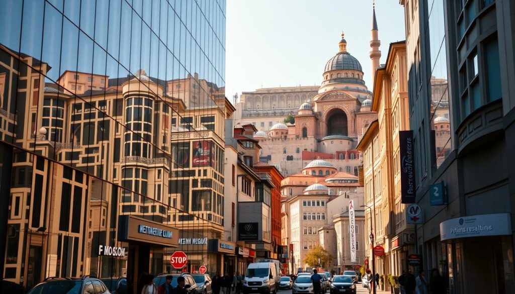 A busy street in Istanbul's medical district, flanked by patient review clinics. In the foreground, a modern glass-fronted building stands prominently, its sleek facade reflecting the bustling activity within. The middle ground features a mix of traditional and contemporary medical facilities, each with discreet signage inviting passersby. The background is a tapestry of historical Ottoman architecture, lending an air of authenticity to the scene. Warm, golden sunlight filters through, casting a welcoming glow over the entire setting. The overall impression is one of professionalism, expertise, and high-quality healthcare services available to discerning patients.