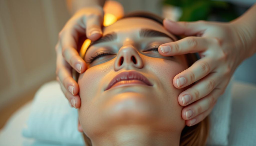 A close-up of a soothing, relaxing facial massage session. The model's serene, tranquil expression showcases the therapeutic effects. Soft, diffused lighting from above casts a warm, calming glow on the scene. The masseuse's hands are gently kneading the model's cheeks and temples, promoting lymphatic drainage and muscle relaxation. The background is blurred, placing the focus entirely on the massage technique. The overall atmosphere evokes a sense of restorative self-care and professional-grade pampering.