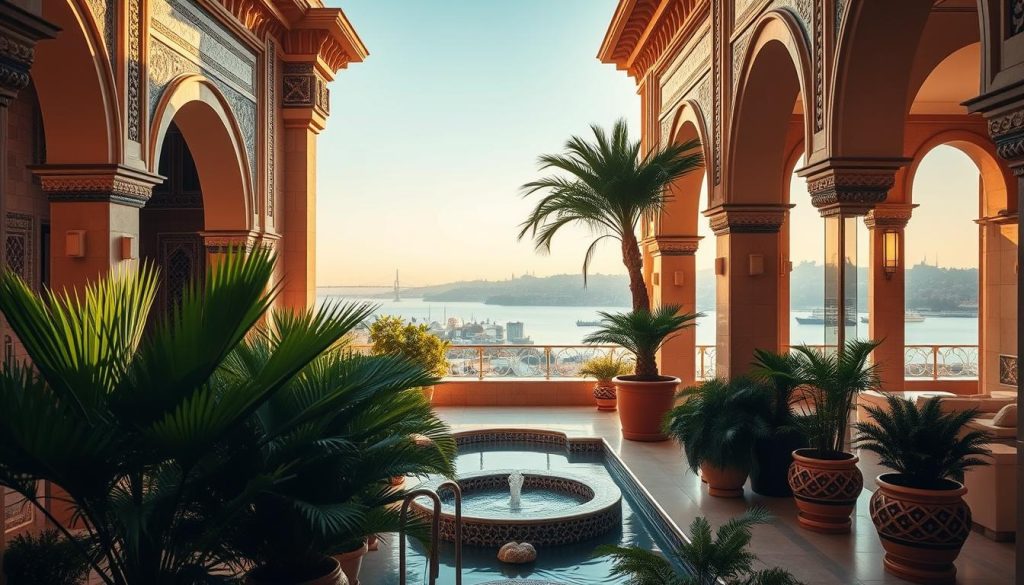 A contemporary Turkish spa, bathed in warm natural light, showcases its signature therapies. In the foreground, a lush, verdant oasis of potted palms and tranquil water features sets the stage for a serene ambiance. The middle ground features ornate, Turkish-inspired architectural details, with intricate tile work and arched doorways. In the background, a panoramic view of the Bosphorus Strait and the iconic silhouette of Istanbul's skyline create a breathtaking backdrop. The overall mood is one of luxurious relaxation, blending modern amenities with the timeless charm of traditional Turkish spa culture. A contemporary Turkish spa, bathed in warm natural light, showcases its signature therapies. In the foreground, a lush, verdant oasis of potted palms and tranquil water features sets the stage for a serene ambiance. The middle ground features ornate, Turkish-inspired architectural details, with intricate tile work and arched doorways. In the background, a panoramic view of the Bosphorus Strait and the iconic silhouette of Istanbul's skyline create a breathtaking backdrop. The overall mood is one of luxurious relaxation, blending modern amenities with the timeless charm of traditional Turkish spa culture.