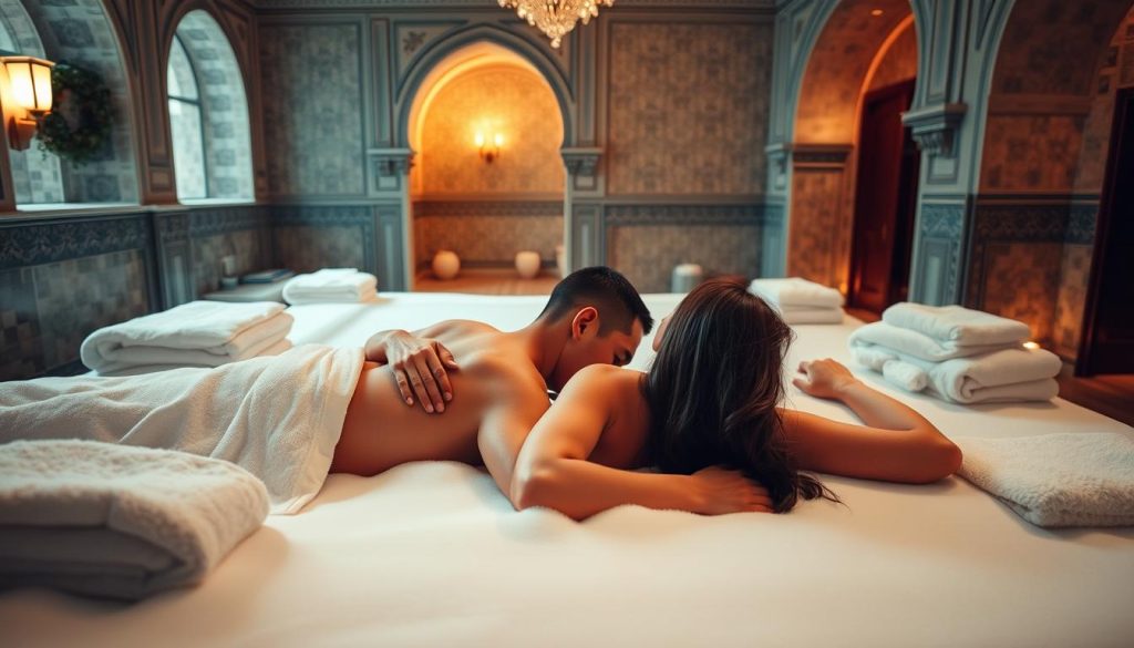 A couple enjoying a cozy foam massage in a luxurious Turkish spa, surrounded by plush towels and warm lighting. The intimate scene is set against a backdrop of ornate, tiled walls and arched doorways, capturing the romantic ambiance of Istanbul. The massage therapists' skilled hands gently knead the clients' muscles, as the couple lies entwined in a state of pure bliss and relaxation. The image exudes a sense of tranquility and indulgence, perfectly encapsulating the essence of the "Massage and Romance" section. A couple enjoying a cozy foam massage in a luxurious Turkish spa, surrounded by plush towels and warm lighting. The intimate scene is set against a backdrop of ornate, tiled walls and arched doorways, capturing the romantic ambiance of Istanbul. The massage therapists' skilled hands gently knead the clients' muscles, as the couple lies entwined in a state of pure bliss and relaxation. The image exudes a sense of tranquility and indulgence, perfectly encapsulating the essence of the "Massage and Romance" section.