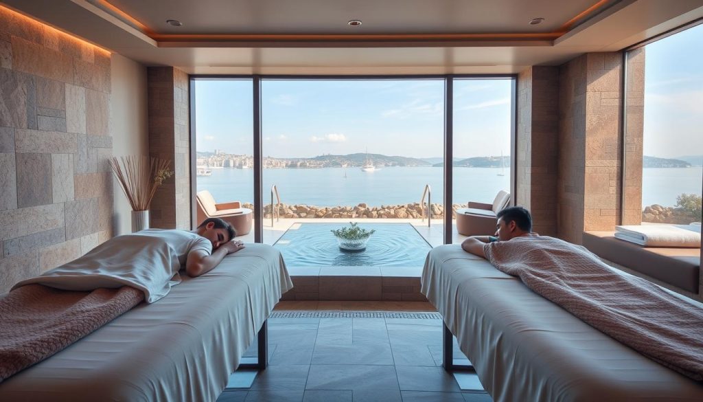 A couple relaxing in a tranquil couples spa in Istanbul, Turkey. The scene depicts a luxurious indoor space with soft lighting, natural stone accents, and plush textiles. In the foreground, two people recline on massage tables, enjoying a soothing treatment. The middle ground features a peaceful water feature, while the background showcases a view of the Bosphorus Strait through large windows. The atmosphere evokes a sense of relaxation and rejuvenation, perfect for a calming spa experience.