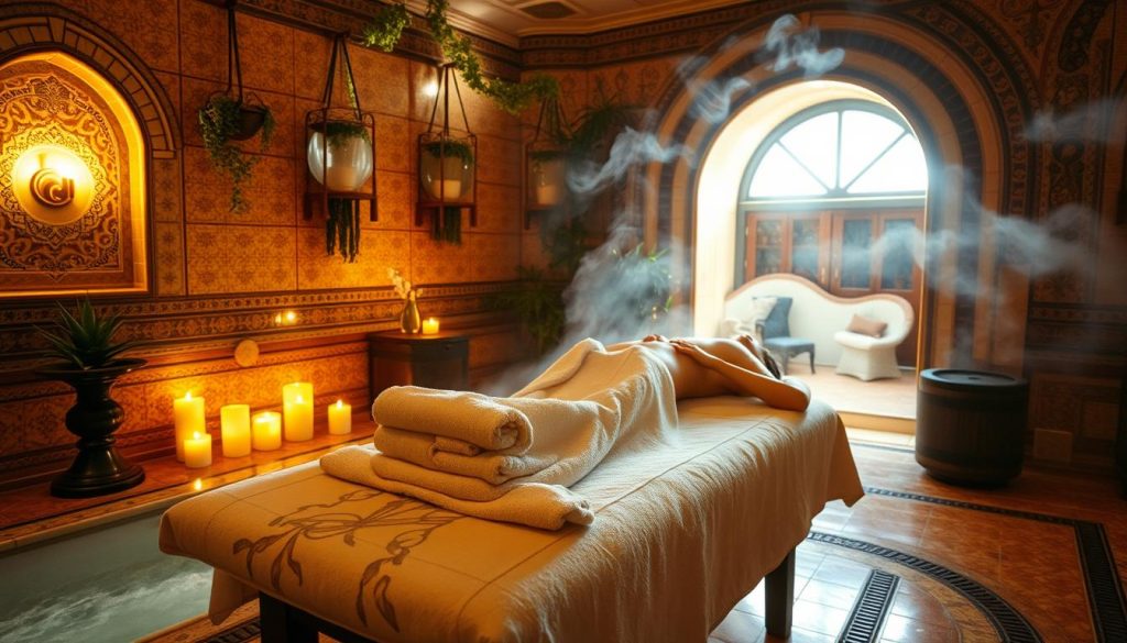 A cozy Turkish bath nestled in the heart of Istanbul, with ornate tile walls and warm lighting casting a golden glow. In the foreground, an authentic marble massage table draped in plush towels. Fragrant steam fills the air, as a skilled masseuse performs a traditional oil massage, kneading away the stresses of the day. The background features aromatic candles, hanging plants, and the faint sound of soothing music, creating a tranquil and rejuvenating ambiance. Elegant arched doorways suggest the timeless elegance of this local wellness sanctuary. A cozy Turkish bath nestled in the heart of Istanbul, with ornate tile walls and warm lighting casting a golden glow. In the foreground, an authentic marble massage table draped in plush towels. Fragrant steam fills the air, as a skilled masseuse performs a traditional oil massage, kneading away the stresses of the day. The background features aromatic candles, hanging plants, and the faint sound of soothing music, creating a tranquil and rejuvenating ambiance. Elegant arched doorways suggest the timeless elegance of this local wellness sanctuary.