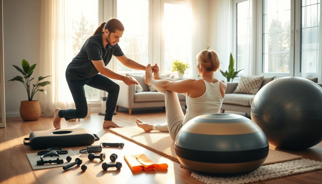 A cozy in-home physiotherapy session, bathed in warm, natural lighting from large windows. In the foreground, a physical therapist guides a patient through gentle stretching and strengthening exercises on a plush exercise mat. The middle ground features an array of ergonomic therapy equipment - massage tools, resistance bands, and a stability ball. In the background, a serene, minimalist living space with neutral-toned furniture and calming plants. The atmosphere is relaxed and therapeutic, conveying the personalized care and comfort of at-home rehabilitation. A cozy in-home physiotherapy session, bathed in warm, natural lighting from large windows. In the foreground, a physical therapist guides a patient through gentle stretching and strengthening exercises on a plush exercise mat. The middle ground features an array of ergonomic therapy equipment - massage tools, resistance bands, and a stability ball. In the background, a serene, minimalist living space with neutral-toned furniture and calming plants. The atmosphere is relaxed and therapeutic, conveying the personalized care and comfort of at-home rehabilitation.