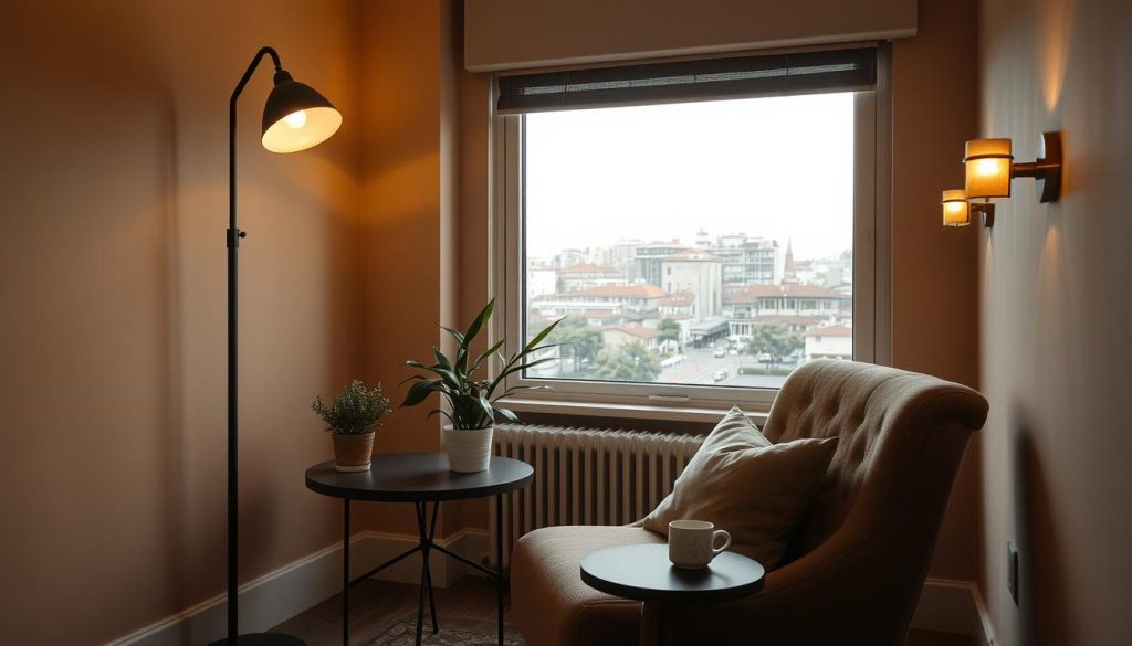 A cozy, softly-lit therapy room in Istanbul, with a plush armchair and a small side table holding a potted plant and a warm cup of tea. The walls are painted in soothing, earthy tones, and a large window overlooks the bustling streets of the city, creating a sense of tranquility and introspection. Soft, diffused lighting from a floor lamp and wall sconces casts a gentle glow, setting the mood for a peaceful, introspective session. The room exudes a sense of comfort and safety, inviting the viewer to step inside and engage in the restorative power of psychological therapy. A cozy, softly-lit therapy room in Istanbul, with a plush armchair and a small side table holding a potted plant and a warm cup of tea. The walls are painted in soothing, earthy tones, and a large window overlooks the bustling streets of the city, creating a sense of tranquility and introspection. Soft, diffused lighting from a floor lamp and wall sconces casts a gentle glow, setting the mood for a peaceful, introspective session. The room exudes a sense of comfort and safety, inviting the viewer to step inside and engage in the restorative power of psychological therapy.