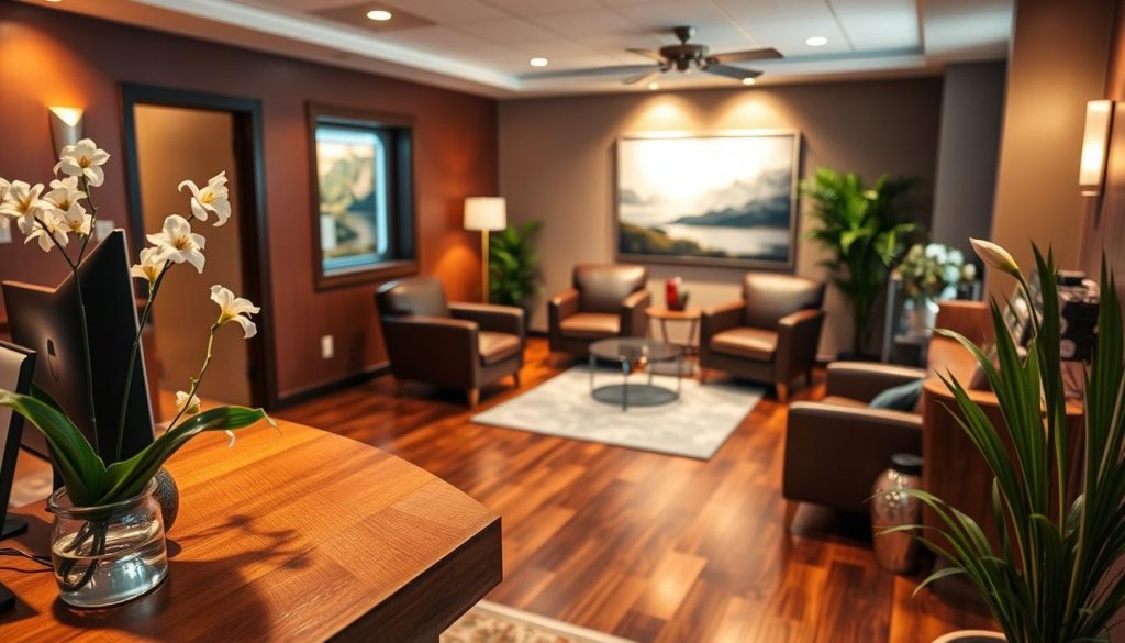 A cozy, well-lit wellness center reception area. In the foreground, a stylish wooden desk with a sleek computer monitor and an elegant flower arrangement. Warm lighting casts a soothing glow, highlighting the polished hardwood floors and plush leather chairs in the middle ground. The background features a serene landscape painting, evoking a sense of tranquility. Soft, ambient music plays in the background, setting the mood for a rejuvenating wellness experience. The overall atmosphere is one of relaxation, professionalism, and attention to detail, inviting visitors to book their appointment and embark on a journey of self-care. A cozy, well-lit wellness center reception area. In the foreground, a stylish wooden desk with a sleek computer monitor and an elegant flower arrangement. Warm lighting casts a soothing glow, highlighting the polished hardwood floors and plush leather chairs in the middle ground. The background features a serene landscape painting, evoking a sense of tranquility. Soft, ambient music plays in the background, setting the mood for a rejuvenating wellness experience. The overall atmosphere is one of relaxation, professionalism, and attention to detail, inviting visitors to book their appointment and embark on a journey of self-care.