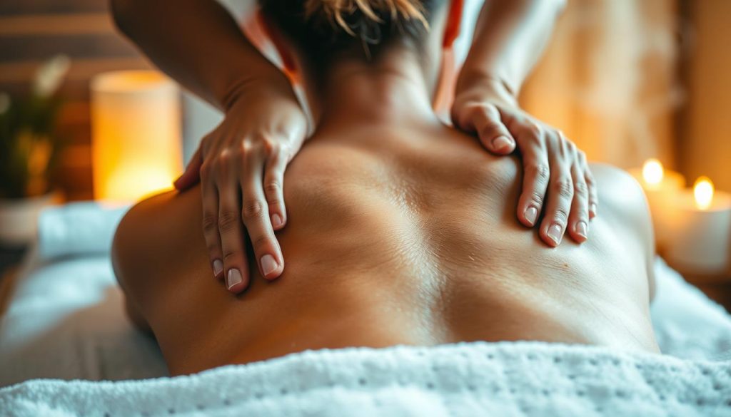 A deep tissue massage session with a skilled therapist's hands kneading and applying pressure on tense, knotted muscles along the back and shoulders. Warm lighting casts a soothing glow, creating a tranquil, restorative atmosphere. The view is close-up, emphasizing the therapeutic touch and the gradual release of muscular tension. Subtle details like steam or a massage table in the background hint at the setting without drawing too much attention. The image conveys a sense of therapeutic focus, relaxation, and relief from deep-seated pain and stress.