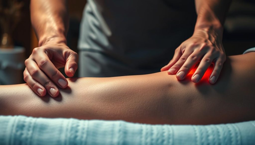A detailed comparison of deep tissue massage techniques, showcasing the varying degrees of pressure and touch applied. The foreground depicts skilled hands kneading into muscle fibers, while the middle ground highlights the contrasting effects on the skin and underlying tissue. The background sets a serene, dimly lit spa-like atmosphere, enhancing the therapeutic ambiance. Soft, diffused lighting gently illuminates the scene, capturing the nuanced interplay of touch and tension release. The overall composition conveys the importance of proper massage technique and the potential risks associated with excessive or improper application of deep tissue manipulation.